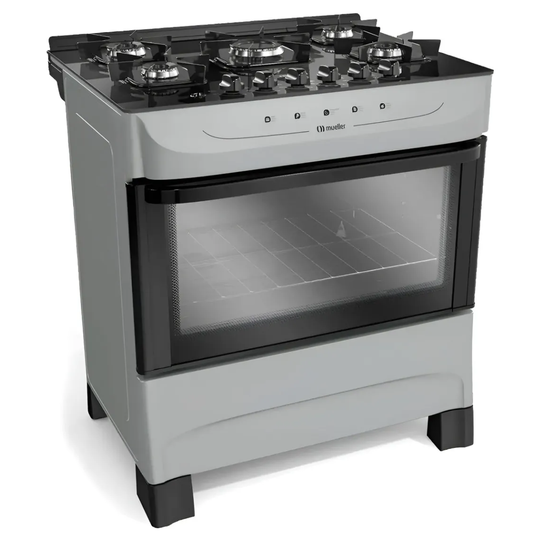 Cocina A Gas Mueller 5 Hornallas Mesada Vidrio  Color Plata